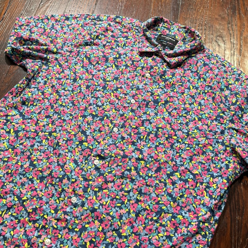 Bonobos Shirt Mens Large Blue Pink Floral Short Sleeve Button Stretch Slim Fit